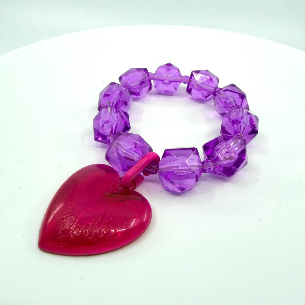 Vintage Barbie Pink Heart Charm Bracelet Y2K Purple Chunky Beads